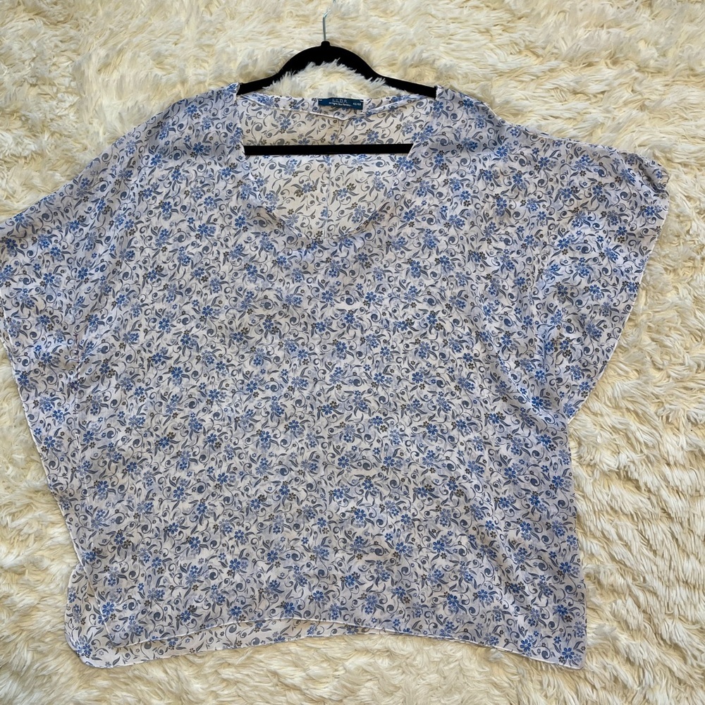 La Ligne Blue Floral Blouse Sheer Flowy Coastal Chic Cottagecore Romantic Sz 14 - Picture 8 of 10